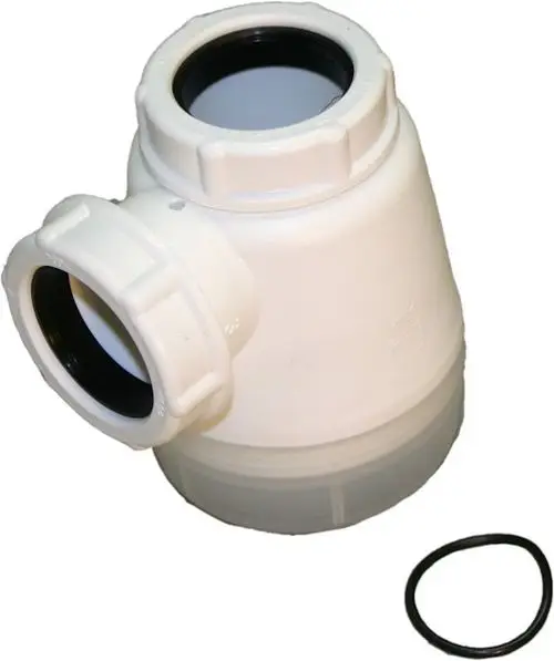 BOSCH Siphon aus weißem Kunststoff mit zwei Anschlüssen und Dichtungsring, zur Verwendung in Abwassersystemen.